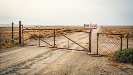 Road Closure Sign at Desert Entrance - A Stark Image of Isolation and Desolation