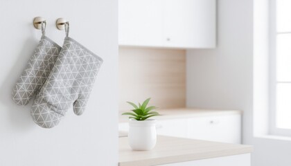 Stylish Gray Oven Mitts with Geometric Pattern in Minimalist Kitchen Setting- Modern Home Decor