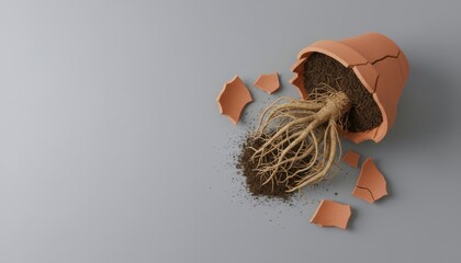 Fractured Terracotta Pot Reveals Roots and Soil - A Study in Decay and Disintegration