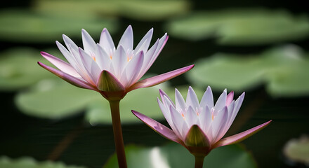 Fototapeta premium Pink lotus water lily blooming on calm pond water surrounded by green leaves