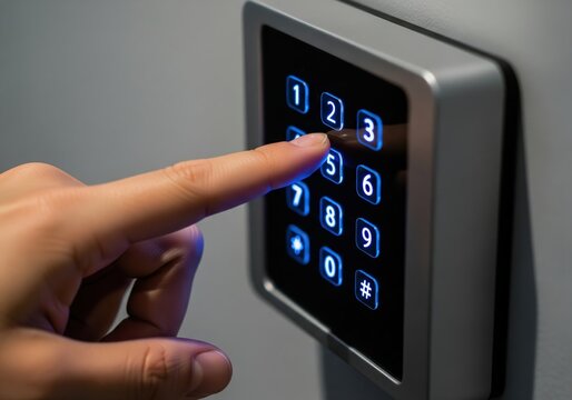 Close Up Of Hand Pressing Number On Modern Dark Gray Security Access Control Panel With Blue Glowing Keypad