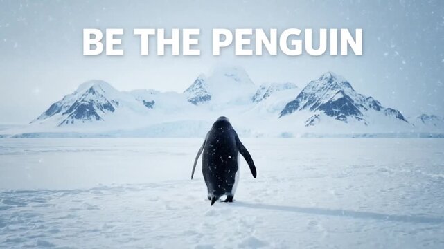 Lone penguin walking across frozen ice toward distant mountains expressing quiet strength perseverance and inner motivation perfect for emotional mindset reels