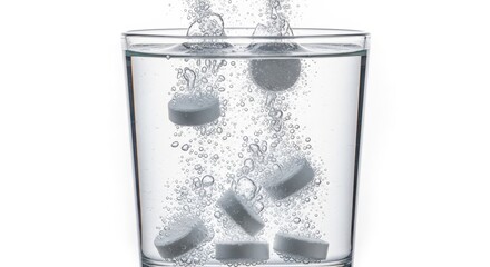 Effervescent tablets dissolving in a clear glass of water with bubbles