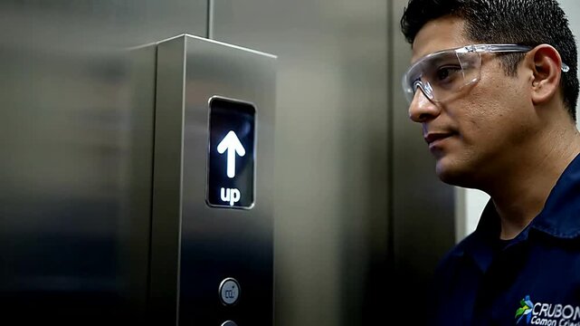 Close up of Elevator Panel Displaying Arrow in Building or Man Inspecting Elevator Components in Building