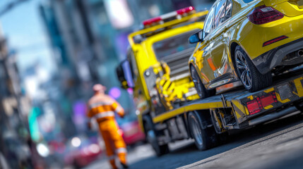 Fototapeta premium Yellow sedan being transported on a flatbed tow truck with a worker in orange uniform in the blurred urban background on a sunny day