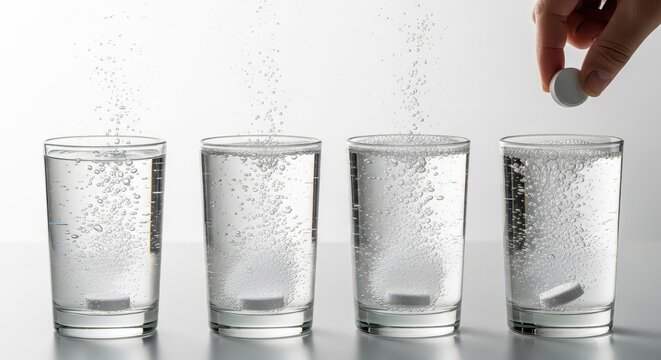 Effervescent tablet dissolving in four clear glasses of water with bubbles on white background