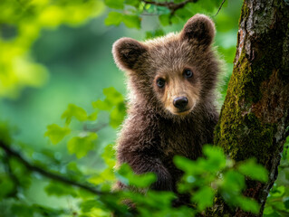 Obraz premium Curious young brown bear cub peeking from behind a moss-covered tree surrounded by vibrant green leaves in a lush forest during daylight