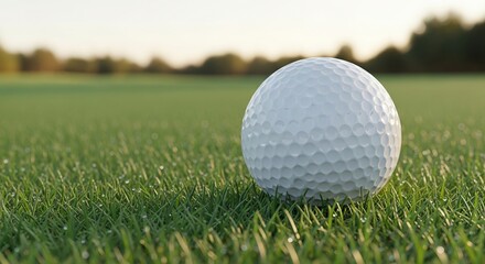 Obraz premium White golf ball on green grass field with morning dew at sunset