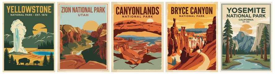 Vintage national park poster set. Yellowstone, Zion, Canyonlands, Bryce Canyon, Yosemite. Flat vector travel landscape illustrations. Retro wall art collection