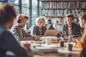 Fototapeta premium Young professionals collaborating at modern office workspace