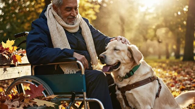 Senior man in wheelchair pets service dog in autumn park at golden sunset. Elderly man with dog companion outdoors. Senior bonds with service dog. Wheelchair user pets therapy dog in park.