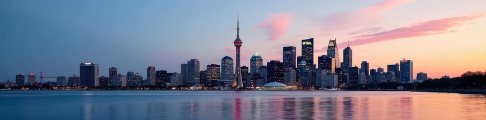 Obraz premium Iconic Montreal skyline, St Lawrence River backdrop, buildings, tourism, vector