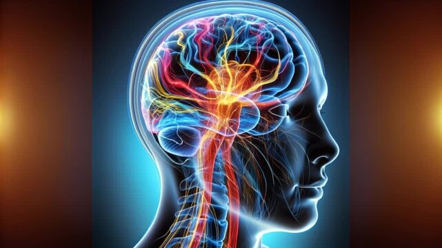 Close up 3D render video of a human brain inside a translucent female head with anatomical cross section, illustrating neuroscience cognition and advanced medical technology