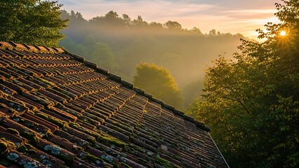 Terracotta Roof with Moss and Trees at Sunrise, Serene Morning Landscape