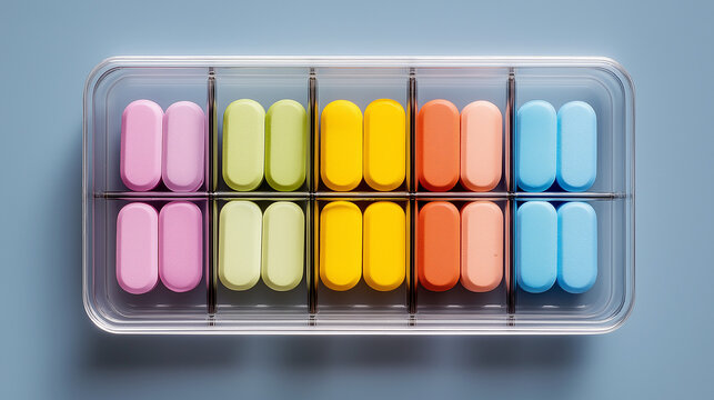 dimer. Pill organizer with tablets in sequence, clinical top view, geometric arrangement. STEM education sheets, lab safety posters, designed for biotech research communications.