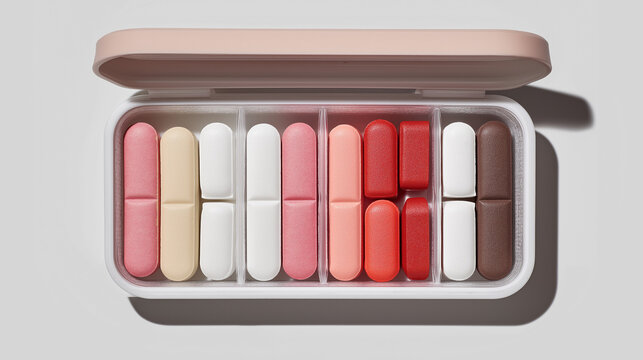 dimer. Pill organizer with tablets in sequence, clinical top view, geometric arrangement. STEM education sheets, lab safety posters, designed for biotech research communications.