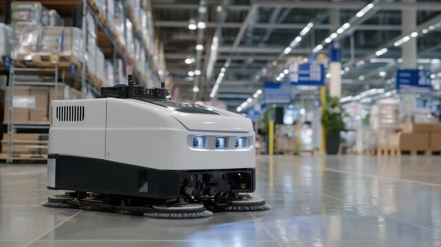 46Close-up of AI-powered cleaning robot navigating a large commercial shop floor, camera sensors scanning ahead, electric scrubber mopping reflective tiles, future of facility manage