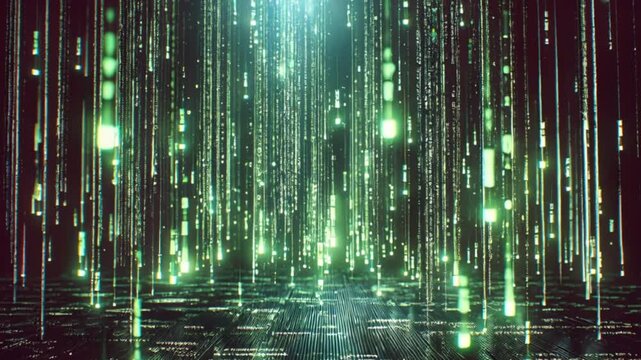 Futuristic digital background video with falling green neon code streams and glowing symbols, expressing cyber technology data flow virtual world and digital system concept
