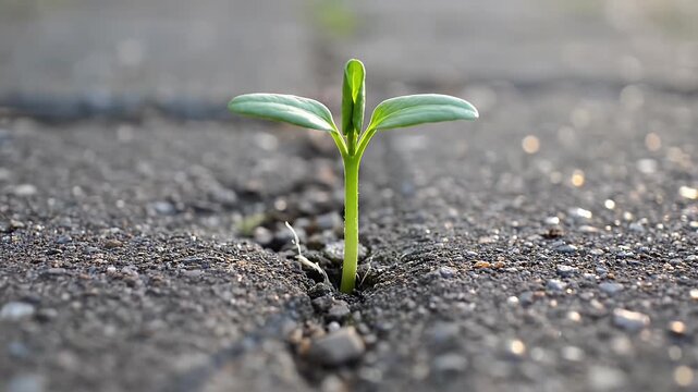 Tiny Green Sprout Emerging from Asphalt Crack, Symbolizing Resilience