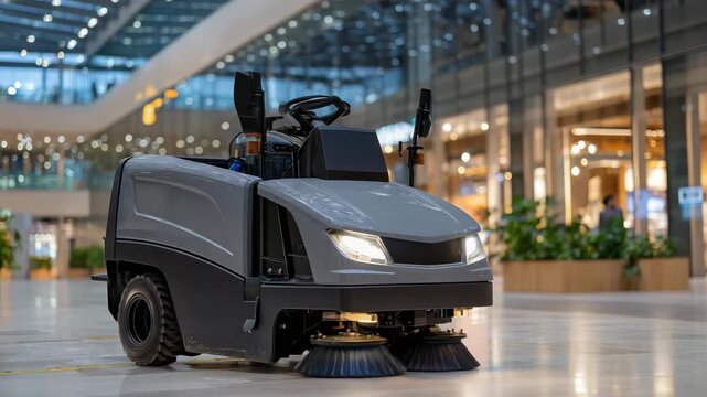 49Wide banner-style shot of an autonomous sweeper scrubber in action, cleaning debris from a mall floor, reflections of shop windows, sleek electric machine design, modern commercial