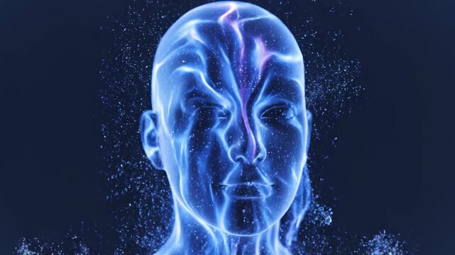 Abstract human head shape flowing blue violet wavy light.