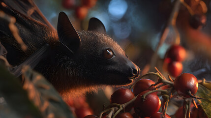 Fototapeta premium Fruit bat feeding on ripe fruit at dusk with warm rim light and detailed fur