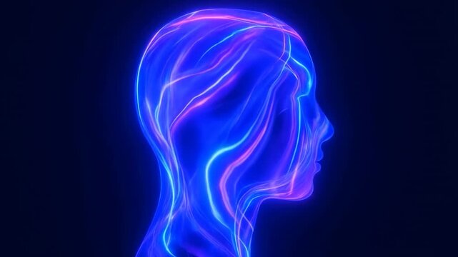 Abstract human head shape flowing blue violet wavy light.