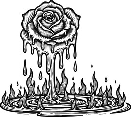 Fototapeta premium Melting rose dripping into flames surreal floral design with fire and liquid drops in black and white line art