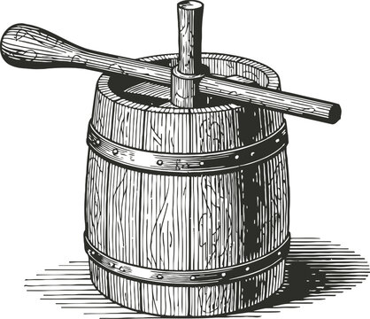 Wooden butter churn with dasher traditional hand tool for making butter from cream