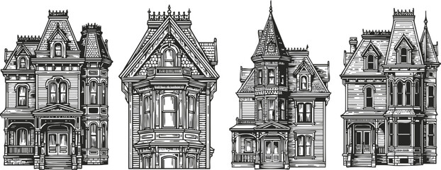 Obraz premium Set of detailed victorian houses vintage architectural design with intricate ornamentation historic residential buildings in black line art