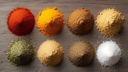 Variety of vibrant spices and seasonings on a textured wooden surface