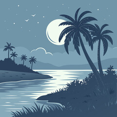 Fototapeta premium Flat vector art of an island lagoon bathed in moonlight, a serene and magical tropical landscape perfect for dreamy concepts.
