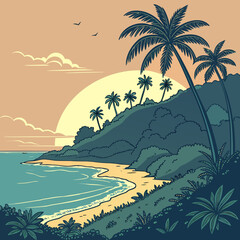 Obraz premium Clean vector illustration of an island shore at sunrise, a minimalist landscape with a tranquil vibe.