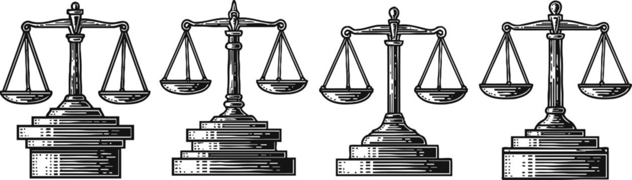 set of vintage balance scales icons justice symbol, law concept illustrations, antique weighing devices