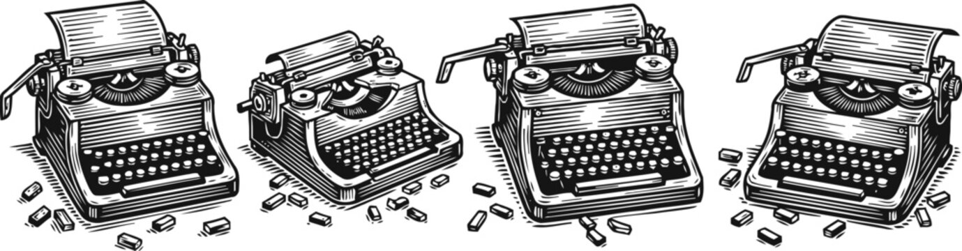 Vintage typewriter illustration set with crumpled paper balls, black and white detailed drawing of classic writing machines