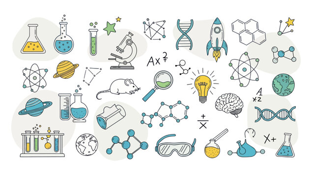 Collection of hand-drawn science and research doodles, including laboratory equipment, molecules, and scientific symbols.