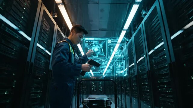 datacenter server rack aisle with cart and cable. maintenance activity with uniform during inspection of equipment. cooling system lines flank hardware and power cabinet. asset tag alignment check.