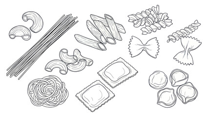 Collection of Various Italian Pasta Shapes Hand Drawn Sketch. © Yann