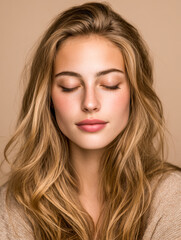 Naklejka premium Young woman with long wavy blonde hair and natural makeup, eyes closed in peaceful expression, wearing a beige sweater against soft neutral background