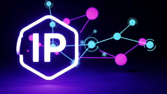 Vibrant Neon Network Interfaces and IP Shield Hexagonal Symbol in Futuristic Tech Scene