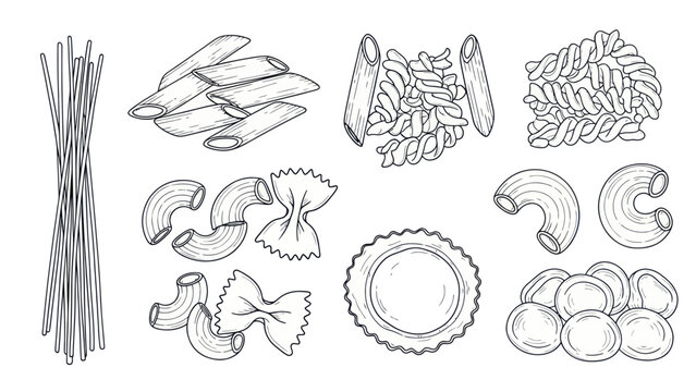 Collection of Various Italian Pasta Shapes Hand Drawn Sketch.
