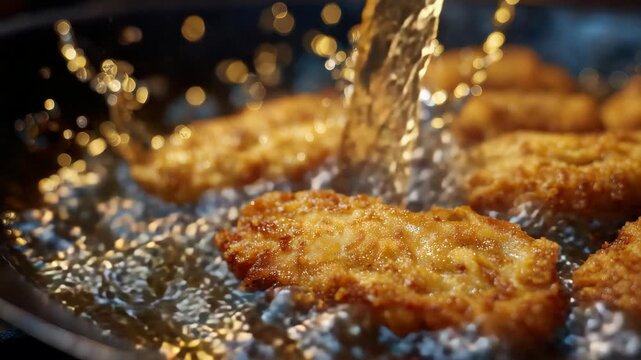 80Close-up of golden nuggets frying in deep oil, rapid boiling and splashing captured with high shutter speed, hygienic fast food kitchen backdrop, commercial cooking concept
