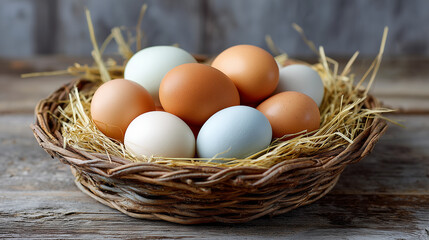 Fresh brown and white eggs in a rustic wicker basket with straw on a wooden table. Natural organic farm product for healthy diet and baking.