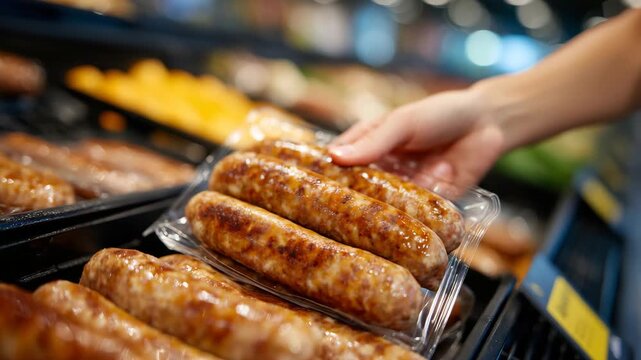 98Angled close-up of packaged sausage links in a supermarket cooler, woman&rsquo;s hand reaching in to pick up ground sausage pack, price tags visible, retail food storage scene