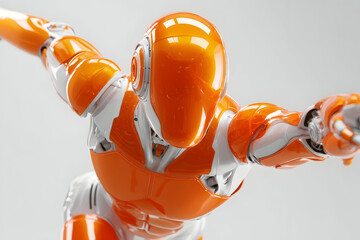 Action pose of an orange and white robotic athlete flying or running forward in a dynamic gesture