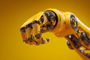 Close up of a powerful yellow industrial robotic hand clenching against a bright yellow background