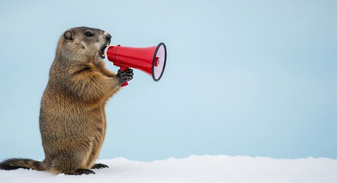 Groundhog standing upright in snow holding a bright red megaphone while shouting important announcements against a light blue backdrop
