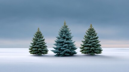 Obraz premium Three Evergreen Trees Standing in a Snow-Covered Landscape Under a Cloudy Sky, Creating a Serene Winter Scene with Natural Beauty