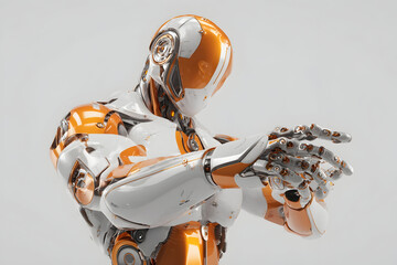 Portrait of a sleek orange and white humanoid robot looking down at its hands in a thoughtful pose