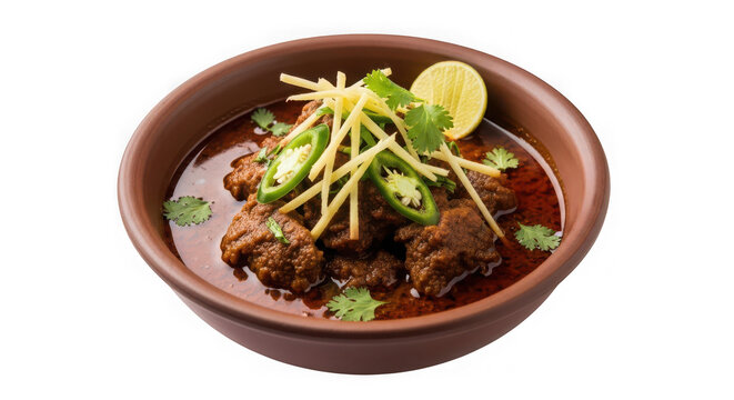 A rich and savory pakistani nihari dish, featuring tender meat in a thick gravy, garnished with ginger, chili, and cilantro, of transparent
